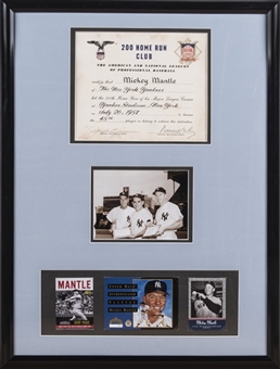 Mickey Mantles 200 Home Run Club Certificate Presented by The American and National Baseball League Signed by Joe Cronin and Warren Giles Framed (PSA/DNA) 